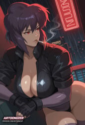 1girls ai_generated female ghost_in_the_shell kusanagi_motoko short_hair purple_hair red_eyes leotard jacket gauntlets handwear large_breasts breasts standing shiny_skin plunging_neckline artoonizer big_ass ass female_focus female_only light-skinned_female light_skin narrow_waist patreon patreon_username posing solo solo_female solo_focus thick_thighs tight_clothing thighhighs smoking smoking_cigarette cigarette legs_together rain raining neon_lights neon serious_face serious_look