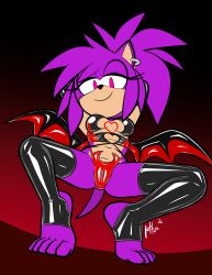 2026 5_toes absurd_res anthro black_latex breasts camel_toe clothing digital_media_(artwork) ear_piercing ear_ring eulipotyphlan eyelashes fan_character feet female gradient_background hedgehog hi_res latex lettuce_(artist) looking_at_viewer low-angle_view mammal membrane_(anatomy) membranous_wings piercing pink_eyes purple_body red_clothing ring_piercing sega simple_background smile solo sonic_the_hedgehog_(series) spread_legs spreading tail toes wings