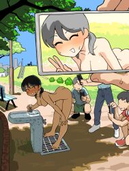 1girl ass blue_sky blush breasts commentary_request completely_nude exhibitionism green_shorts highres nipples nude original public_indecency public_nudity shadow shorts sky tree water yama_batake