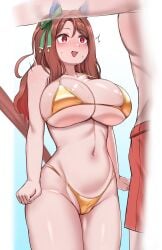 newbienoodles umamusume king_halo_(umamusume) commentary highres 1boy 1girl alternate_breast_size_(larger) animal_ears bare_shoulders bikini blush breasts brown_hair brown_tail ear_covers gold_bikini horse_ears horse_girl horse_tail large_breasts looking_at_another navel one_side_up open_mouth red_eyes red_swim_trunks solo_focus stomach surprised sweat swimsuit tail tail_raised thighs v-shaped_eyebrows 1girls