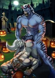 abs animal_genitalia animal_penis anthro areola ass_up balls biceps blush bodily_fluids butt candy candy_bucket canid canine canis cemetery cum cum_on_back cum_on_butt cum_string cumshot dessert digital_media_(artwork) domestic_dog duo ejaculation equid equine equine_genitalia equine_penis erection food full_moon fur genital_fluids genitals half-closed_eyes halloween hand_on_butt hi_res holidays jack-o'-lantern male male/male mammal moon muscular muscular_anthro muscular_male narrowed_eyes nekochan002 night nipples nude one_eye_closed open_mouth orgasm outdoor_nudity outside pecs penis plant saliva saliva_string smile tail tombstone zebra