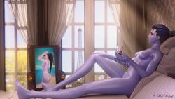 1girls 3d blizzard_entertainment blue_hair blue_skin breasts cote_d'azur_widowmaker female female_only hackolpak naked nipples nude nude_female overwatch purple_skin tattoo widowmaker