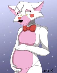 1girls adult adult_female animatronic anthro arctic_fox bowtie canid canine canis commission deviantart ears female female_fox five_nights_at_freddy's five_nights_at_freddy's_2 fox fox_girl furry hands_on_belly happy lara-kein looking_down mangle_(fnaf) mature_female milf mother not_porn pink_fur pregnant pregnant_anthro pregnant_belly pregnant_female smile smiling solo two-tone_body two-tone_fur vixen white_body white_fur wholesome wholesome_pregnancy yellow_eyes