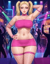 1girls ai_assisted ai_generated armpit_crease armpits bar_counter belly_button bimbo black_outline blonde_hair blue_eyes busty choker cleavage club curvy dance_floor disco disco_lights exposed_pussy eyelashes eyeshadow finger_ring fishnet_gloves fishnet_thighhighs gemini hair_tie half-closed_eyes hand_on_hip hourglass_figure large_breasts light-skinned_female lipstick looking_at_viewer midriff miniskirt narrow_waist neon neon_lights nipple_bulge one_arm_behind_head one_hand_on_hip people_in_background pigtails pink_clothing posing pussy_peek revealing_clothes rgomez007 ring_(jewelry) seductive_look self_upload skimpy_clothes skindentation slutty_female smiling_at_viewer solo_female stable_diffusion standing thick_eyelashes thick_lips thick_outline thick_thighs tied_hair tubetop v-line vulva wide_hips