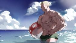 1boy abs bara bare_pectorals big_muscles big_pecs blonde_hair blonde_pubic_hair dizdoodz erect_nipple highres human large_pectorals light-skinned_male light_skin lt_surge male male_only manboobs moobs muscular muscular_forearms muscular_male nipples pecs pectorals pokemon pokemon_(game) pokemon_hgss pubic_hair short_hair sideburns solo solo_male spiked_hair thick_forearms speedo speedo_only green_speedo voltorb necklace beach water blue_sky sunlight clouds sea bara_tits huge_pecs hand_on_hip busty busty_male huge_muscles