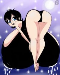 ass barefoot black_hair black_lips blue_eyes chounyuu female from_behind gigantic_breasts gothic hotel_transylvania hyper_breasts lactation lactation_through_clothes mavis_dracula monster_girl smile sony_pictures valerya5 vampire