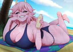 1girl ashido_mina ashido_mina_time-skip ass bare_shoulders beach_towel boku_no_hero_academia bottle breasts cleavage cloud collarbone feet grass horns large_breasts looking_at_viewer lotion lying mina_ashido mina_ashido_time-skip my_hero_academia neocoill ocean on_stomach pink_hair sand sky smile solo sun sunscreen teeth thighs toes towel tree water watermelon