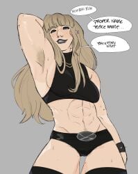1female 1girl 1girls 2020s 2025 abs armpit armpit_focus armpit_hair black_lips black_lipstick black_sports_bra black_text black_topwear blah_blah_blah blonde_armpit_hair blonde_hair blonde_pubic_hair bracelet bracelets clip_studio_paint_(artwork) clip_studio_paint_(medium) digital_drawing_(artwork) digital_media_(artwork) ear_piercing english_text female_focus female_only freckled_body freckled_face freckled_legs freckled_shoulders freckles freckles_on_body freckles_on_face freckles_on_legs freckles_on_shoulders gray_background grey_background happy_trail hi_res high_resolution highres human human_focus human_only illyana_rasputin lipstick long_hair looking_at_viewer magik_(illyana_rasputin) magik_(marvel_rivals) maltapuppy marvel marvel_comics marvel_rivals meme midriff movie_reference muscular_female navel necklace piercings pubic_hair simple_background solo solo_female solo_human speech_bubble spiked_bracelet sports_bra sweaty sweaty_armpits sweaty_body the_lego_movie three-quarter_portrait topwear white_speech_bubble x-men