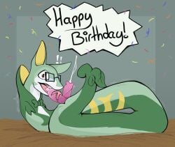 2_penises animal_genitalia animal_penis autofellatio autotonguejob birthday bodily_fluids confetti cum cum_in_mouth cum_in_own_mouth ejaculation eyewear feral flowerbud generation_5_pokemon genital_fluids genitals glasses green_body hemipenes licking long_tongue male masturbation multi_genitalia multi_penis nintendo oral oral_masturbation penile penis penis_lick pokemon pokemon_(species) serperior sex solo surprised text tongue tongue_out tonguejob venus_(flowerbud)