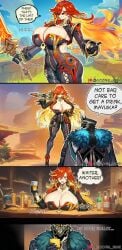 1boy 1girl 2026 2d 3koma absurd_res absurd_resolution absurdres ai_generated alcohol beer beer_mug big_ass big_breasts big_penis black_gloves blonde_hair bodysuit breasts capitano_(genshin_impact) cleavage comic cup curvy drinking_glass earrings english_text fur_trim genshin_impact gloves goonie_bear hat hi_res high_quality high_resolution highres holding holding_cup holding_sword holding_weapon huge_breasts image jewelry long_hair mavuika_(genshin_impact) multicolored_hair orange_hair patreon patreon_username red_eyes red_hair smile sword uncensured watermark weapon