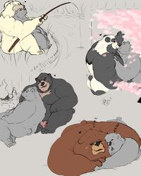 2019 anthro ass black_body black_fur blush brown_body brown_fur cuddling fishing fur giant_panda group hi_res hug humanoid_hands male male/male mammal moobs overweight overweight_male penis polar_bear pure_command sitting sleeping ursid ursine white_body white_fur