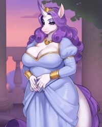 aunt_(furlough_games) scales mature_female female_focus big_breasts cleavage unicorn_horn horn tail wide_hips curvy_figure big_butt clothed dress fluffy_tail puffy_sleeves jewelry necklace hair_accessory bracelet gold_(metal) long_hair purple_hair wavy_hair thick_tail purple_eyes makeup eyeliner eyelashes smile smug flirting standing hands_together looking_at_viewer three-quarter_view outside balcony sunset fantasy belly long_ears pink_inner_ear slightly_chubby potbelly purple_nails glistening_breasts cleavage_overflow long_muzzle equine_face equine purple_makeup pale_skin white_body gradient_horn gradient digital_media_(artwork) digital_painting_(artwork) digital_drawing_(artwork)