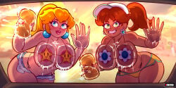 2girls big_breasts bikini bikini_top blonde_hair breast_on_glass breast_press breast_squeeze breasts brunette carwash female female_focus female_only kenergi looking_at_viewer mario_(series) mario_kart mario_kart_world nintendo princess_daisy princess_daisy_(swimwear) princess_peach shorts thighs washing washing_car