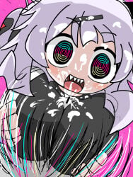 1boy 1girl black_sweater breasts breasts_squeezed_together censor_bar censored cum cum_on_breasts cum_on_face demon_horns headphones hetero horns huge_breasts motion_lines nero_(user_wgxh2235) open_mouth paizuri penis pov q-chan_(yunyun_denpa_syndrome) sharp_teeth short_hair sweater turtleneck turtleneck_sweater white_hair yunyun_denpa_syndrome