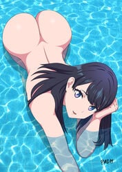 1girls ass back bangs blue_eyes blue_hair eyebrows_visible_through_hair female female_only high_resolution long_hair looking_at_viewer looking_up nude nude_filter padm partially_submerged pool smile solo ssss.gridman takarada_rikka third-party_edit viewed_from_above water wide_hips