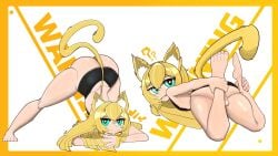 goblin_zealot_(artist) yazander_masuru_(yazander) oc yellow_hair male male_only femboy virgin_killer_sweater jack-o_pose turquoise_eyes adult_male long_hair barefoot