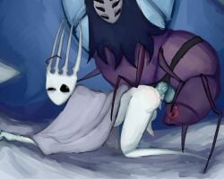 1boy 1girls doggy_style female femdom herrah_(hollow_knight) hollow_knight insects male male_penetrating on_all_fours pale_king_(hollow_knight) partially_clothed partially_clothed_female partially_clothed_male sex_from_behind strap-on strapon submissive_male