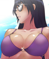 bare_shoulders bikini black_hair brawling_go cleavage collarbone glasses long_hair looking_to_the_side purple_bikini_top sunglasses worin