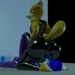 2026 3_toes 3d_(artwork) absurd_res anthro balls big_butt big_penis black_bottomwear black_clothing black_legwear black_nose black_shirt black_shorts black_thigh_highs black_topwear blue_body blue_clothing blue_fur blue_hair blue_hat blue_headwear blue_nose bottomwear butt butt_expansion butt_on_face canid canine charleyfox_fox claws clothing digital_media_(artwork) duo erection erection_under_clothing expansion facesitting feet fox fox_mccloud fox_mccloud_(charleyfox) fur genital_expansion genitals gloves green_eyes hair handwear hat headgear headwear hi_res huge_butt latex latex_bottomwear latex_clothing latex_gloves latex_handwear latex_shirt latex_shorts latex_topwear legwear male male/male mammal nintendo penis penis_expansion plantigrade purple_bottomwear purple_clothing purple_gloves purple_handwear purple_legwear purple_shirt purple_shorts purple_thigh_highs purple_topwear shirt shorts sitting sitting_on_another star_fox tail themeshow101 thigh_highs toe_claws toes topwear wrenchy_(wrenchy247) yellow_body yellow_fur
