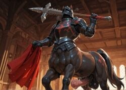 ai_generated knight knight_armor knight_helmet monster solo solo_focus solo_male horsecock horse_penis horse_tail massive_penis huge_balls centaur taur male muscular_male bestiality equine_penis equine_genitalia equine_taur fantasy fantasy_world fantasy_creature erection sweat sweatdrop weapon axe vexyai centaurknight