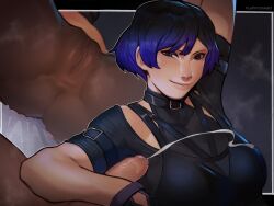 1boy 1girl arm_belt arm_up armpit_sex armpitjob armpits ass black_hair black_shirt blue_eyes blue_hair blush breasts cameltoe choker clothed_female_nude_male commentary cum cum_on_clothes dark-skinned_male dark_skin ejaculation fluffydango foreskin gloves gradient_hair hetero highres large_breasts lips looking_at_viewer lying multicolored_hair multiple_views no_panties nude pantyhose penis phimosis projectile_cum pubic_hair purple_hair pussy pussy_peek reina_(tekken) reina_mishima see-through_clothes see-through_legwear shirt short_hair short_sleeves smile solo_focus spread_legs tekken tekken_8 tomboy two-tone_hair