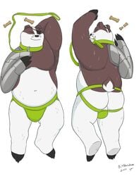 2019 absurd_res anthro ass badger badgerclops balls belly bitnarukami blush cartoon_network clothing dakimakura_design eye_patch eyewear hi_res jockstrap male male_only mammal mao_mao:_heroes_of_pure_heart mustelid musteline navel overweight overweight_male solo underwear white_fur