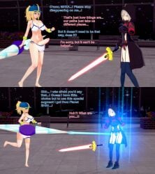 fate_(series) fate/grand_order artoria_pendragon mysterious_heroine_xx_(foreigner) mysterious_heroine_x_(alter) xavierhuge 1futa 1girls breasts bikini blonde_hair female futanari huge_cock intersex penis shrinking 3d english_text koikatsu text swimsuit