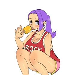 1girls big_breasts busty busty_female forehead gingerwff orginal_character personification ponytail purple_hair shampowrado shorts tank_top tanktop thighs tongue tongue_out popsicle licking_popsicle squatting looking_at_viewer