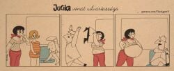 1boy 1girls agentv comic false_pregnancy female jucika jucika_(comic) patreon_exclusive pregnant pregnant_belly pregnant_female seated seated_carry_position vore