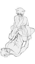 yoneko age_difference cowgirl_position male male_only gay yaoi monochrome 2boys gintama gintoki_sakata catboy cat_ears cat_tail shimura_shinpachi glasses bite_marks older_penetrating_younger older_dom_younger_sub kimono bite_mark on_back tears blush sweat anal anal_sex hickey hickey_marks