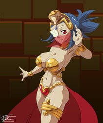 1girls alternate_costume armpits bikini bikini_armor blue_hair bracelet breasts cosplay dancer_outfit female_only gem harem_outfit jewelry large_breasts looking_at_viewer patch red_eyes revealing_clothes scar shantae skullgirls smile smooth_skin solo swimsuit thighs tiara valentine_(skullgirls)