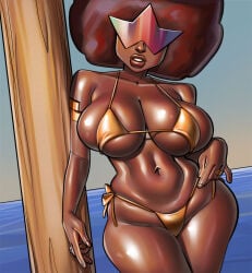 1girls afro arm_strap armwear big_breasts big_hair bikini bikini_bottom bikini_top bottomwear breasts brown_hair cleavage dark-skinned_female dark_skin eyewear female female_only garnet_(steven_universe) golden_bikini golden_week hair hips huge_breasts lips parted_lips ph solo solo_female steven_universe swimwear thick_lips thick_thighs thighs topwear wide_hips yellow_bikini