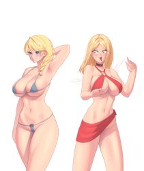2girls adara_(zero_one) armpits aurora_(zero_one) belly_button blonde_hair blue_eyes choker cleavage commission commissioner_upload daughter ethernia345 female female_only french_braid halter_bikini huge_breasts micro_bikini mother mother_and_daughter orange_eyes pale-skinned_female pubic_hair pubic_hair_peek revealing_clothes sarong shocked_expression sideboob skimpy_clothes teardrop_bikini thick_thighs underboob wide_hips