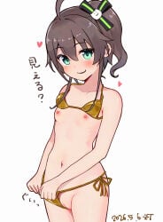 1girl absurdres ahoge bikini bikini_bottom_aside bikini_top_lift breasts brown_hair cat_hair_ornament cleft_of_venus clothes_lift clothing_aside commentary_request dated female female_only gold_bikini green_eyes groin hair_ornament hair_ribbon highres hololive looking_at_viewer natsuiro_matsuri navel nipples ontake2009 open_mouth pussy ribbon short_hair side-tie_bikini_bottom side_ponytail simple_background small_breasts solo string_bikini swimsuit translation_request uncensored virtual_youtuber white_background