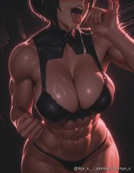 nyx_x ai_generated questionable explicit 1girl solo breasts short_hair open_mouth large_breasts black_hair navel cleavage underwear panties sweat tongue dark_skin cum tongue_out bra black_panties saliva muscular abs cum_on_body black_bra veins cum_in_mouth muscular_female saliva_trail biceps cum_on_tongue obliques after_fellatio fellatio_gesture ada_wong resident_evil