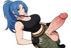 1futa ai_generated background balls big_breasts blue_eyes blue_hair bra dark_background dickgirl erect_penis fal0v3r2k futa_only futanari huge_breasts huge_cock ikari_warriors king_of_fighters kof leona_heidern metal_slug military_uniform novelai ponytail precum smile smiling_at_viewer snk standing testicles top_heavy_breasts