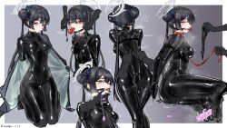 ! 1girl absurdres applying_gag armbinder ball_gag bdsm black_bodysuit black_hair blue_archive bodysuit bondage_outfit breasts butterfly_hair_ornament collar commentary_request crying deepthroat_gag disembodied_hand gag gagged_female grey_halo grey_jacket hair_between_eyes hair_bun hair_ornament halo hand_on_another's_chin highres jacket kisaki_(blue_archive) latex latex_bodysuit looking_at_viewer multiple_views offscreen_character red_collar small_breasts speech_bubble twintails twitter_username yuseiryao