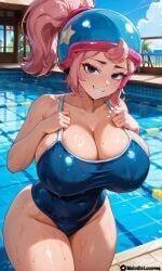 ai_generated black_eyes brawl_stars helmet janet_(brawl_stars) pink_hair ponytail pool poolside swimsuit