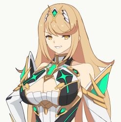 1girls big_breasts blonde_hair breasts cleavage cleavage_cutout clothing_cutout collarbone commentary core_crystal djames headpiece highres large_breasts long_hair looking_at_viewer mythra nintendo sidelocks smile teeth upper_body upper_teeth_only xenoblade_(series) xenoblade_chronicles_2 yellow_eyes