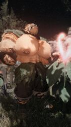 avian big_pecs chocobo chocores_breedan_(entitropy) clothing ffxiv forest gay gay_male looking_at_viewer male male_only nipple_piercing nipples outside solo