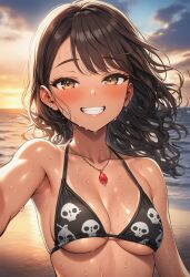 ai_generated original_character almost_naked almost_naked_female breasts breasts_out breasts_exposed posing posing_for_picture posing_for_the_viewer dark_skin dark-skinned_female summer small_breasts black_hair black_hair_female fit fit_female bra topwear skull