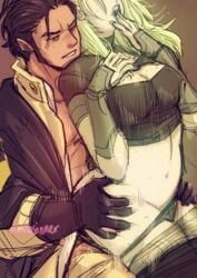 1boy 1girls ambiguous_penetration armor black_hair black_panties brown_skin byleth_(fire_emblem) byleth_(fire_emblem)_(female) claude_von_riegan dark-skinned_male enlightened_byleth_(female) fire_emblem fire_emblem:_three_houses green_hair implied_penetration implied_sex interracial male momosinner navel nintendo panties plump post-timeskip straight