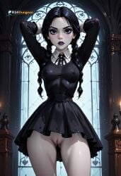 18yo 1girl addams_family adult aged_up ai_generated arms_up black_dress black_eyes black_hair black_lipstick braided_hair candlelight cathedral_window crotch_focus dark_makeup dark_room erotic explicit expressionless glossy_clothes glossy_skin goth gothic_girl gothic_room hands_behind_head highres labia latex_dress long_sleeves looking_at_viewer netflix pale_skin patreon patreon_username pussy r34dungeon serious_expression shiny_clothes solo spread_legs stained_glass_window standing thick_thighs twin_braids uncensored visible_pussy wednesday_(netflix) wednesday_addams white_collar