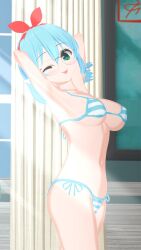 3d armpits arms_up bikini blue_striped_bikini blue_striped_bra blue_striped_panties boobs breasts cute elf indie_virtual_youtuber keisha_callie keisha_callie_vt koikatsu sexy sexy_pose sideboob tits tounge_out vtuber