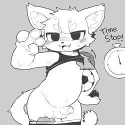 anthro ball balls band-aid band-aid_on_face band-aid_on_nose bandage bandage_on_face bandage_on_nose black_and_white blush canid canine clock english_text genitals gesture glans hand_gesture hi_res humanoid_genitalia humanoid_penis kemono male mammal monochrome mostly_nude oustella penis soccer_ball solo text v_sign watch
