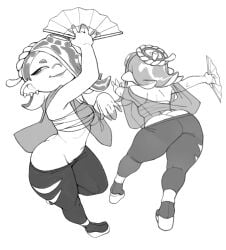 1girls ass blush female female_only greyscale hair_over_one_eye narrowed_eyes nintendo octoling pointy_ears rizdraws shiver_(splatoon) sketch solo splatoon splatoon_2 thick_ass thick_thighs white_background