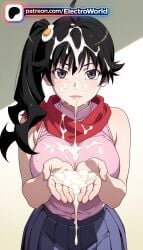 1girl 1girls 2026 ai_generated araragi_karen artist_name average_breasts black_eyes black_hair blush boobs breasts bukkake bust chest cum cum_on_ass cum_on_body cum_on_breasts cum_on_clothes cum_on_hair cum_on_hands cum_on_pectorals cum_on_stomach cum_on_tongue cum_pool cumdrip ejaculation electroworld excessive_cum facial female female_only gradient gradient_background hi_res high_quality high_resolution highres medium_breasts monogatari_(series) normal_breasts patreon patreon_username pink_shirt scarf short_hair skirt solo stable_diffusion tits tongue watermark