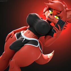 ai_generated five_nights_at_freddy's fexa_(cryptiacurves) canid canine fox mammal furry anthro big_breasts black_bottomwear black_clothing black_fingernails black_nose black_topwear bottomwear breasts bulge cleavage clothed clothing dolphin_shorts eyebrows eyelashes fangs fingernails freckles fur gradient_background futanari hair holding_object holding_phone intersex looking_at_viewer midriff nails narrowed_eyes nipple_outline phone red_body red_fur red_hair selfie simple_background small_waist smile solo standing tail teeth thick_thighs topwear wide_hips yellow_eyes