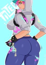 1girls ass back_view baseball_cap big_ass big_breasts big_butt brown_eyes butt_crack dark-skinned_female dark_skin female fortnite hand_on_hip hat hood hoodie looking_at_viewer looking_back paint_splatter pink_hair sideboob solo solo_female sweatpants tagme tan teknique thick_ass thick_thighs zpark