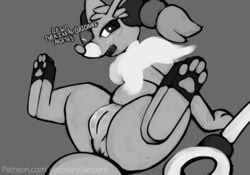 2019 4_toes anus blush bodily_fluids braixen brionne canid canine female feral fur genital_fluids hi_res hybrid looking_back mammal monochrome nintendo open_mouth original_character patreon pawpads paws pokémon_(species) pokemon pokemon_(species) pokemon_sm pokemon_xy pussy pussy_juice simple_background slit solo spread_legs spreading text toes tuft url video_games visionaryserpent watermark